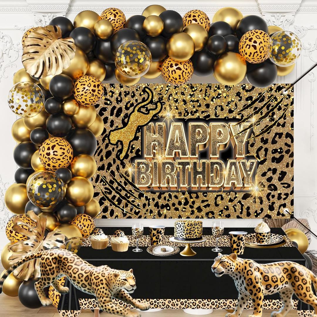 Cheetah Birthday Decorations For Men Women,Leopard Print Happy Birthday Backdrop,Balloons Arch for Boy Girl Parties