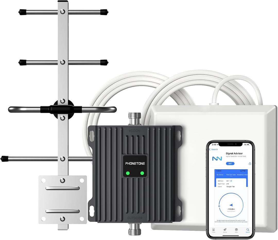 Cell Phone Signal Booster for Verizon and AT&T | Up to 4,500 Sq Ft | Boost 4G LTE 5G Signal on Band 12/13/17 | 65dB Dual Band Cellular Repeater with High Gain Antennas | FCC Approved (Black)
