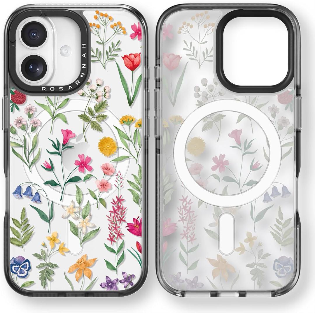 Rosarnnah for iPhone 17 Case Cute - Compatible with Magsafe - Durable Shockproof 6.6 ft Drop Impact Phone Case - Funny Nature Flower Design (6.3") Black