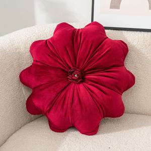 Flower Pillow Cushion Round Decorative Throw Pillows 15.7 Inch Velvet Flower Shaped Pillow Floral Cushion for Sofa, Couch, Vanity Chair, Bed (Red)