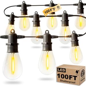 100FT LED Outdoor String Lights with 30 Edison Shatterproof IP65 Waterproof Bulbs, 2700K Dimmable Commercial Grade Patio Lights, Heavy Duty Outside Hanging Light for Garden Porch Deck Decor