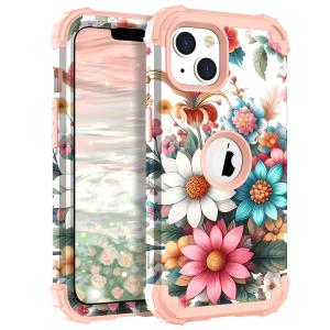 TEECOVER Heavy Duty Case for iPhone 13/14, White/Pink Flowers