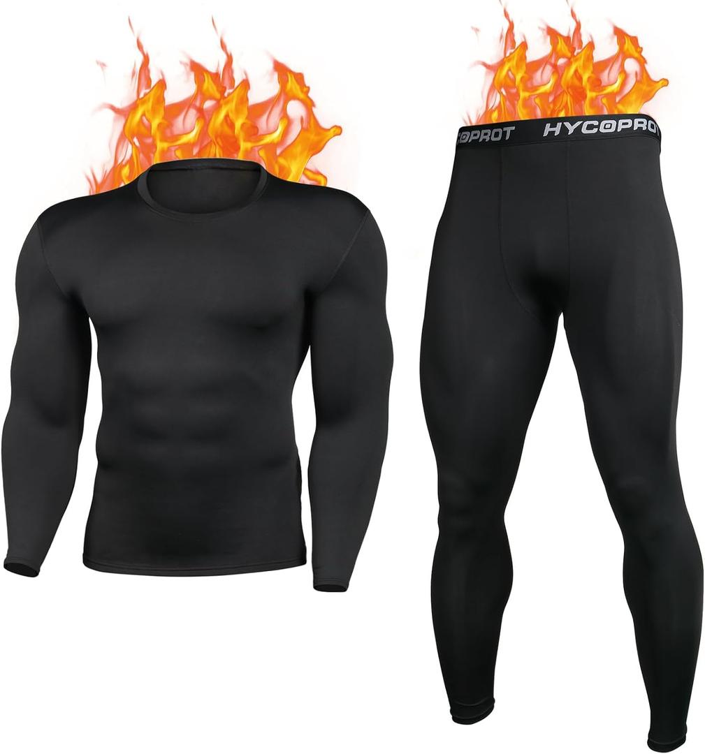 HYCOPROT Thermal Underwear for Men Fleece Lined Long Johns Mens Top Bottom Set Base Layer for Winter Cold Weather (X-Large, Black)