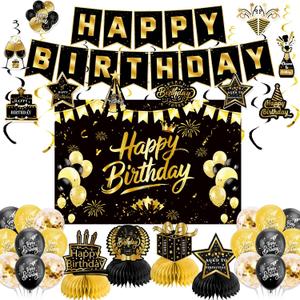 Black Gold Birthday Decorations for Men Women, Pre-Strung Happy Birthday Banner with Backdrop, Balloons,Honeycomb Centerpieces & Streamers Kit