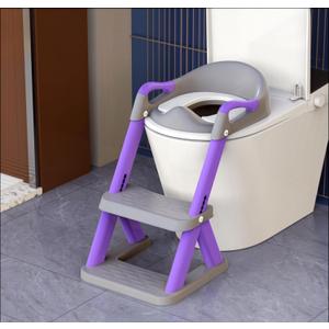 SKYROKU 8868 Potty Training Seat with Step Stool - Adjustable Height, Non-Slip, Splash-Proof, Foldable 2-in-1 Toddler Potty Seat with Armrests and Replaceable Cushion - Fits Most Toilets (Purple)