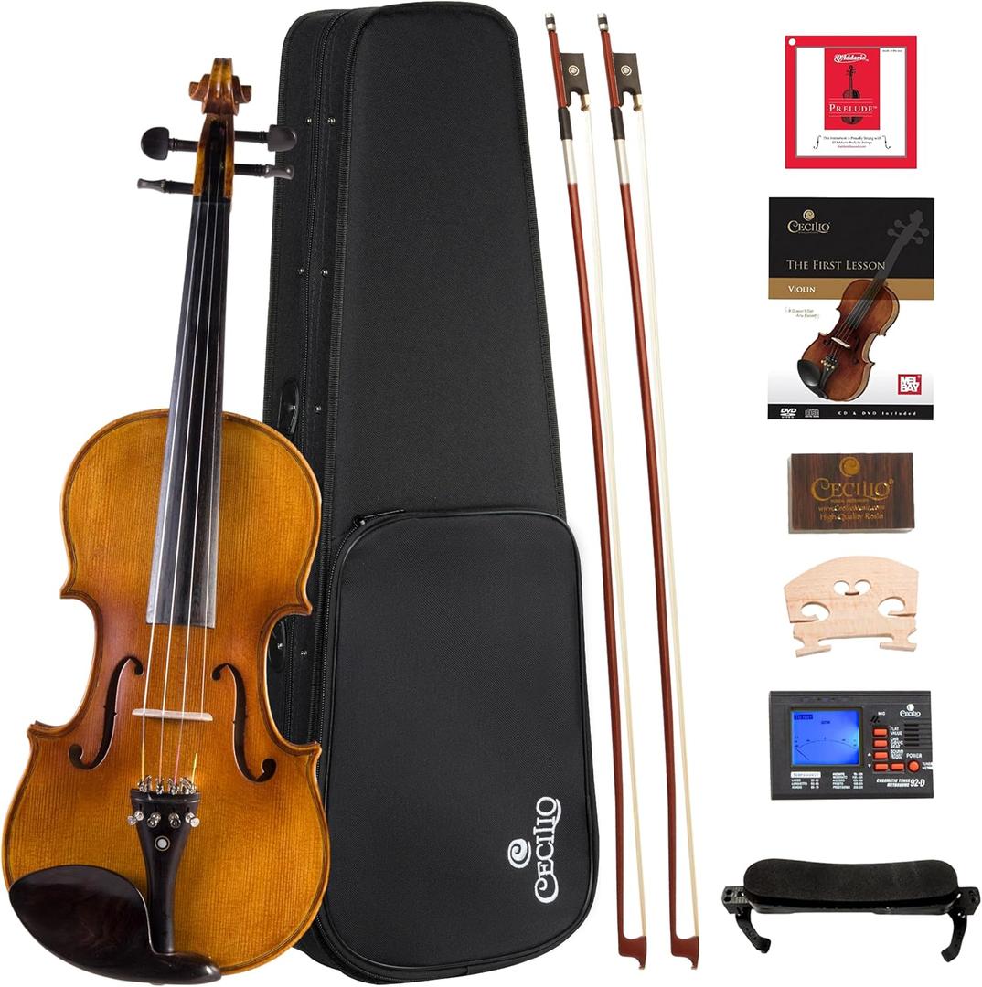 Cecilio Full Size 4/4 Violin with Hard Case & Shoulder Rest - Solidwood Ebony Fitted Violin with D'Addario Strings, Ideal for Beginners