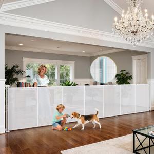 200'' Retractable Baby Gates Extra Wide, 42'' Extra Tall Retractable Dog Gate, 16 FT White Indoor/Outdoor Retractable Gate with Reinforcement Rods for Garage, Doorways, Stairs, Decks, Driveway, Patio,White, 42" Tall x 200" Wide