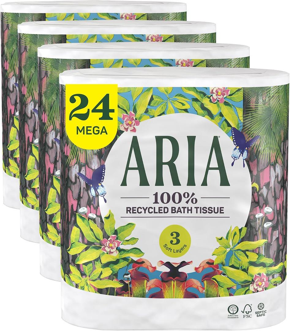 Aria 100% Recycled Toilet Paper, 24 Rolls, 3-Ply Soft Bath Tissue, Paper Packaging