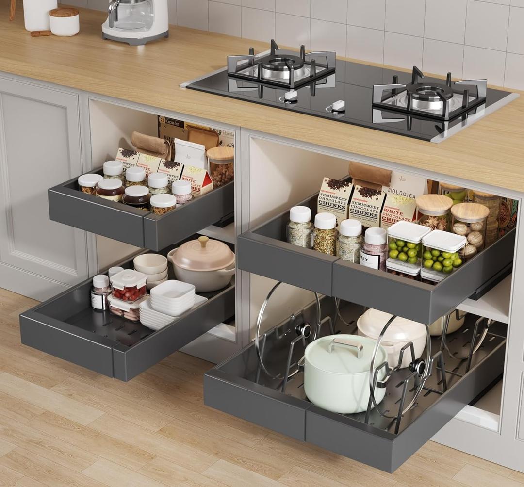 Seinloes 4 Pack Pull Out Cabinet Organizer 21" Deep with Raising Pad for Framed Cabinets, Expandable (9"-14" W) Slide Out Drawers for Kitchen Cabinets with 4pcs Divider Racks, Roll Out Shelves, Black