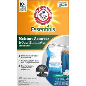 Arm & Hammer Essentials Hanging Moisture Absorber and Odor Eliminator, 17.5 oz., 3 Pack, Linen Fresh, Moisture Absorbers for Closets, Laundry Rooms and Bedrooms, Long-Lasting Freshness (Clear)