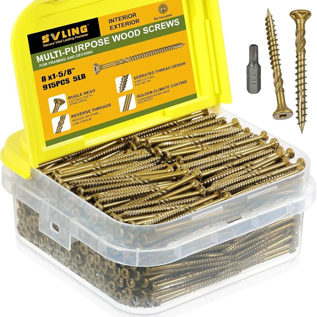 #8 x 1-5/8" Multi-Purpose Wood Deck Screw for Interior and Exterior,Bugle Head Golden Coated with T15 Bit Star Drive Torx Furniture Building/Fence/Decking(915Pcs,5LBS)