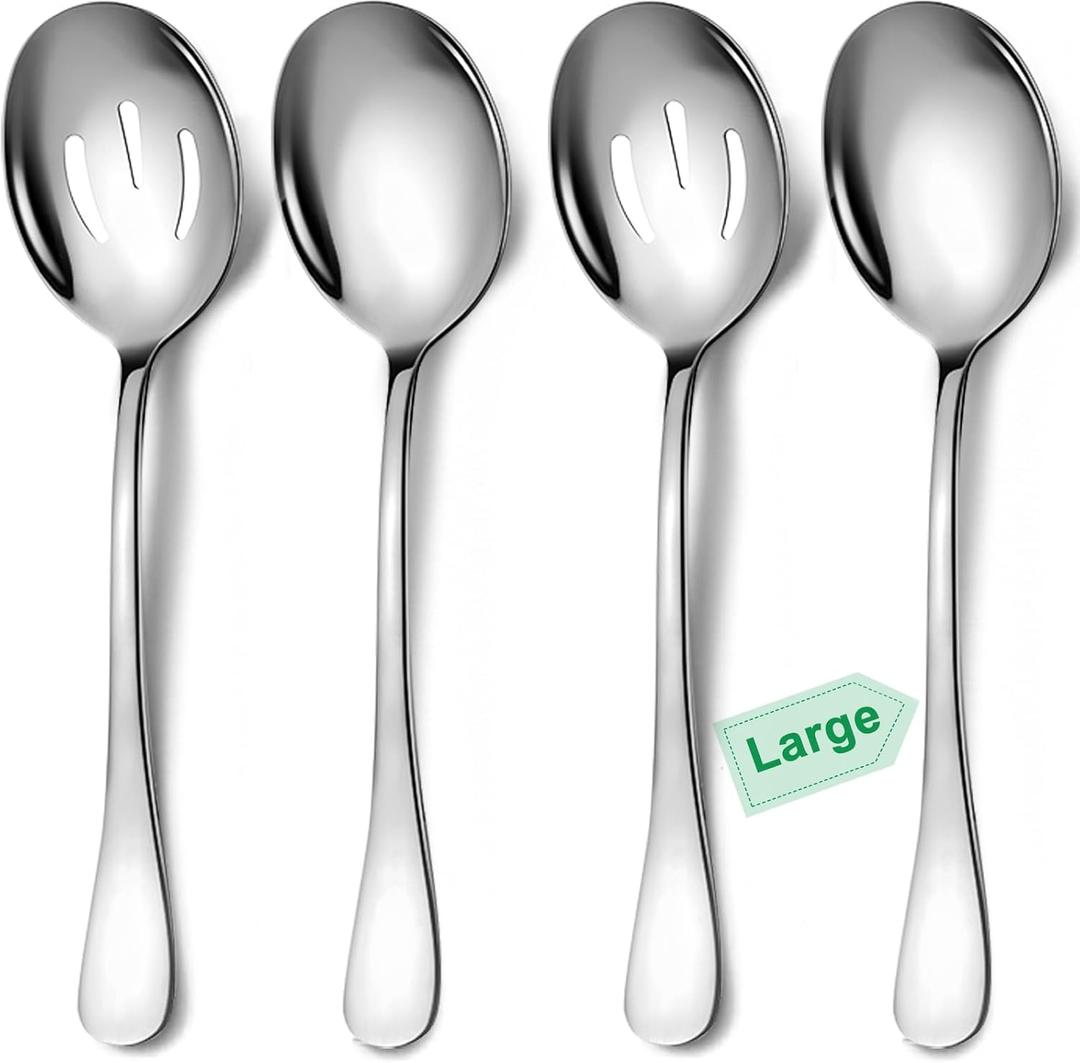 4 Piece Stainless Steel Serving Spoons Set, 10-Inch, Includes 2 Large, 2 Slotted, for Parties/Kitchen/Buffet/Catering, Dishwasher Safe (Silver) 4 Piece Stainless Steel Serving Spoons Set, 10-Inch, Includes 2 Large, 2 Slotted, for Parties/Kitchen/Buffet/Catering, Dishwasher Safe (Silver)