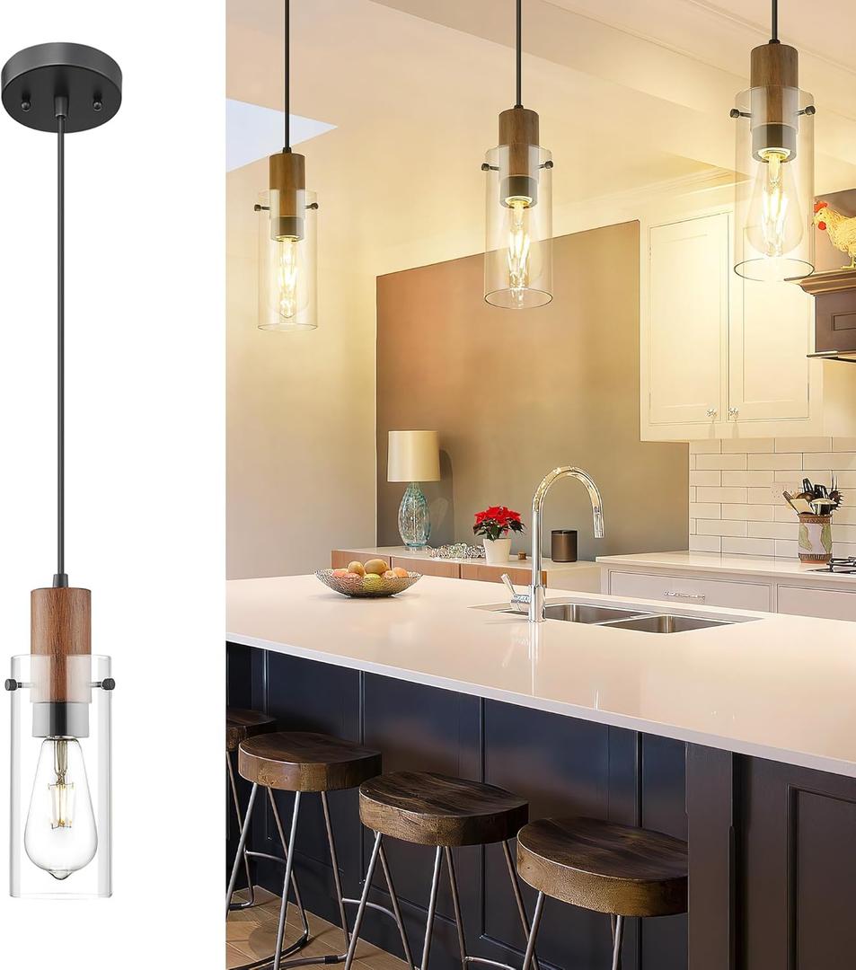 Emak Mini Black Pendant Lights, 1-Light Cylinder Pendant Light Fixtures with Clear Glass Shade, Modern Farmhouse Hanging Lights for Kitchen Island, Bedroom, Bathroom, Dining Room, PL120-BK