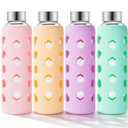 Mrsdry Glass Juice Bottles with Lids and Silicone Sleeves 18 oz, 4-Pack Reusable Clear Glass Water Bottles with Stainless Steel Airtight Cap for Juicing, Refrigerator, BPA Free Leak-Proof Drinking Jar