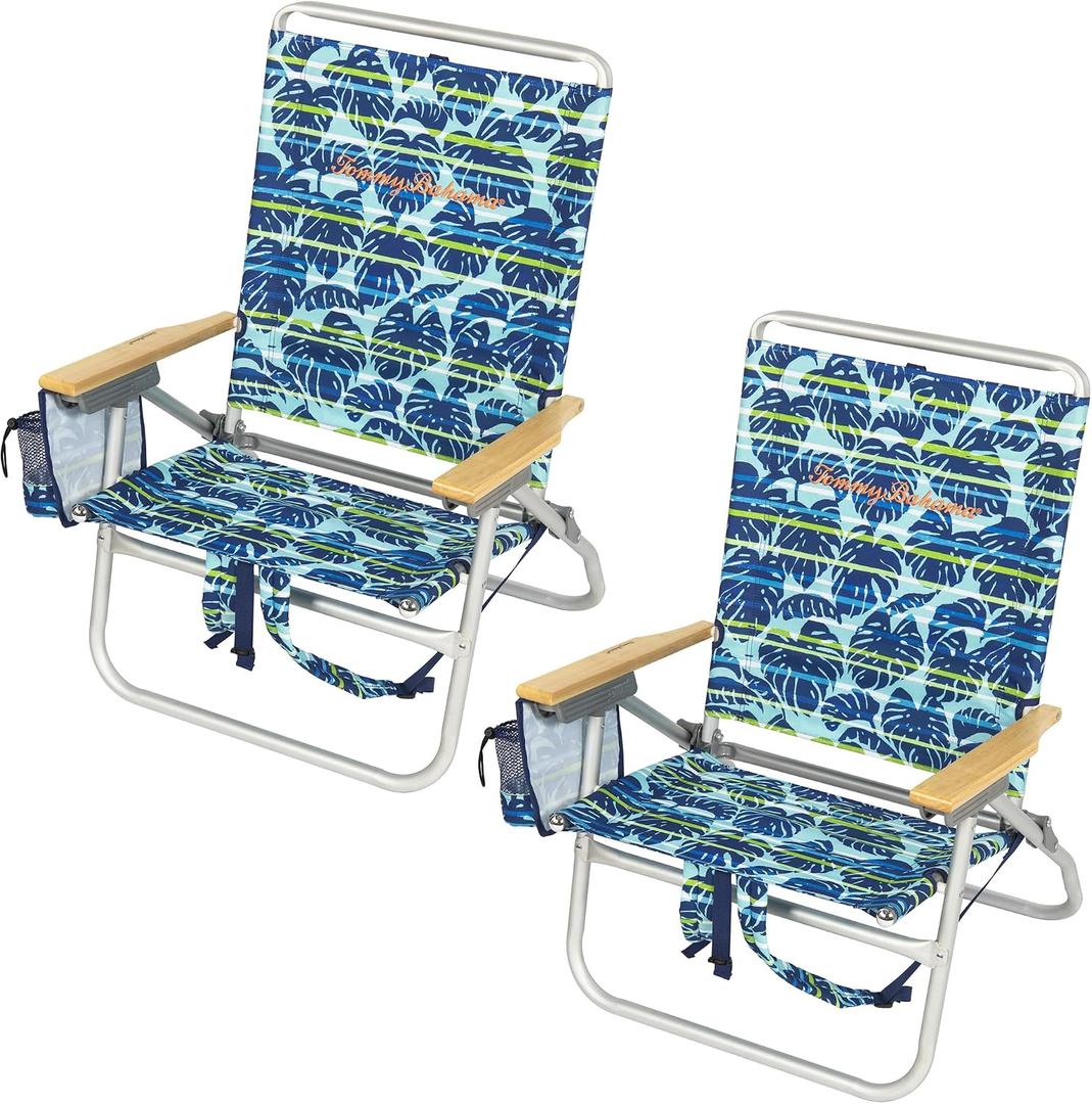 Tommy Bahama 4-Position Extended seat Height Easy in-Easy Out Folding Backpack Beach Chair, 2-Pack