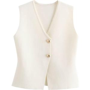 FindThy Womens Cropped Knit Vest V Neck Button Up Solid Color Sleeveless Gilet Tank Tops (Medium, Beige)