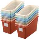 Suzile 12 Pcs Book Storage Bins with Labels Plastic Boho Folder Magazine File Holder Interlocking for Office Classroom Home book Organizer Container (Classic Colors)