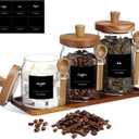Suclain 3 Pcs Glass Coffee Container with Wooden Lid Spoon Shelf Labels Clear Airtight Jar Food Storage Canister Set for Sugar Spice Coffee Bean Holder Housewarming Gift(13.5,20,25 oz,Acacia Brown)