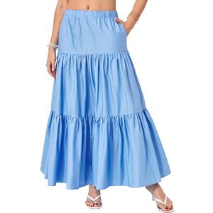 Yulaviniee Women's Boho Maxi Skirt with Pockets High Waisted Layered Tiered Casual A-Line Long Flowy Skirts, Blue Medium