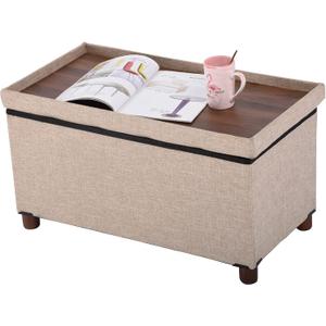 30 Inches Storage Ottoman Bench, Storage Bench with Wooden Legs for Living Room Ottoman Foot Rest Removeable Lid for Bedroom End of Bed, Linen Fabric, Folding Beige Ottoman