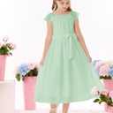 GRACE KARIN Girls Dress Formal Party Wedding Guest Pageant Dress for Teen Girls Ruffle Backless Maxi Sundress Size 6-14 (Green)