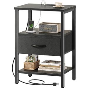 SUPERJARE Nightstand with Charging Station, Bed Side Table with Adjustable Fabric Drawer, Night Stand for Bedroom, 3-Tier Storage End Table, for Living Room, Black (M (11.8"D x 15.7"W x 23.4"H))