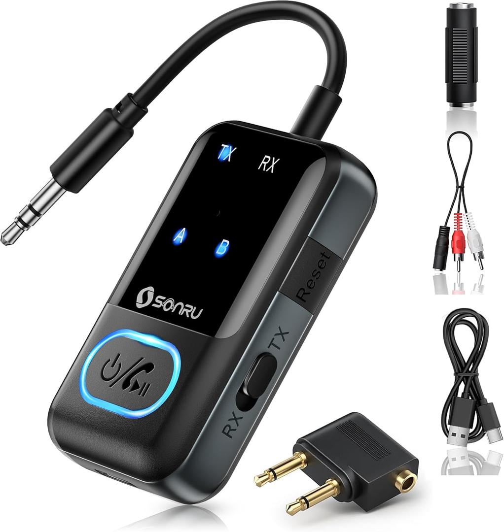 SONRU Bluetooth 5.3 Transmitter Adapter for Airplane 2-in-1 Wireless Bluetooth Audio Transmitter Receiver for 3.5mm Aux Jacks on Flight/TV/Gym Equipment, for up to 2 Wireless Headphones, Cell Phones (Black)