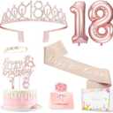 18th birthday decorations for girls, Including 18th Happy Birthday Gifts Queen Sash with Pearl Pin, Sweet Rhinestone Tiara Crown, Cake Toppers, Number Candles and Balloons Set, Rose Gold