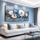 Vintage Floral Wall Art Large Flower Canvas Wall Art Flower Pictures Wall Decor Floral Wall Decor White Blue Painting Farmhouse Wall Decor For Bedroom Living Room Aesthetic Home Decor, 48"L x 24"W