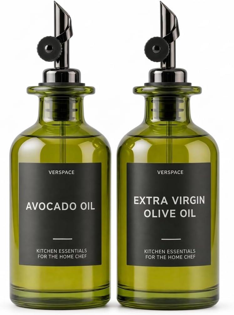 Verspace UV-Protected Green Glass Olive Oil Dispenser Bottles For Kitchen - 2 Pack - 12oz Includes 40 Kitchen Essential Labels, Avocado Oil Dispenser Set, Modern Decor for Home, Airbnb, Cafe