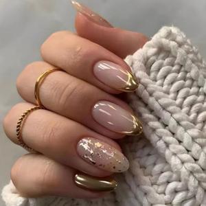 3 x Gold French tips Press on Nails Medium Almond Fake Nails with Design Golden Glitter Glue on Nails Reusable Foil Nail Glossy Nude False Nail for Women Girls Manicure 24pcs