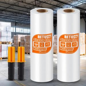 Stretch Film Shrink Wrap for Moving Supplies (15inch, 2 Pack) x 1000ft, Industrial Strength Plastic Wrap Stretch Roll for Pallet Wrapping Shipping Moving Boxes Storage Furniture with Handles, Clear