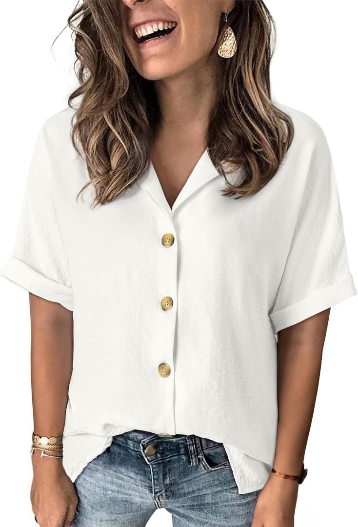Dokotoo Women's Dressy Casual V Neck Short Sleeve Button Down Shirts Relaxed Work Business Loose Blouses Tops (White), XL