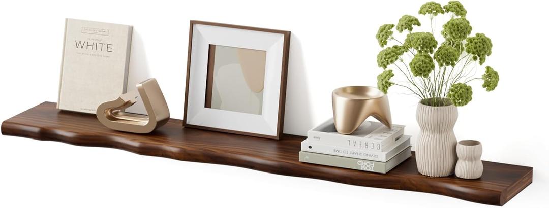 Solid Wood Live Edge Floating Shelves Set of 1 48" Rustic Wall Shelf with Hidden Bracket System, Wall Mounted Shelves for Bathroom, Kitchen, Living Room, Bedroom (Walnut)
