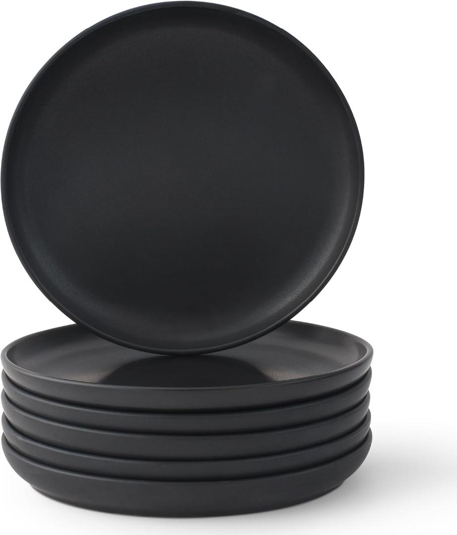 JoyJolt Mesa Stoneware Salad Plates, 8" Round Lunch Plates, Dishwasher and Microwave Safe Plate Set of 6, Modern Rustic Dinnerware, Appetizer Dessert or Dinner Sides Kitchen Dishes - Matte Black