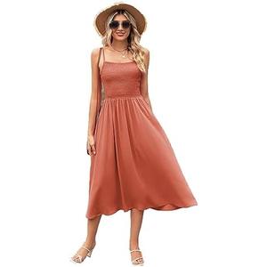 Summer Sleeveless Midi Dresses Women Square Neck Pleated Sundress Boho Beach Suspender Dress, Medium