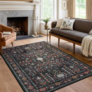 Moynesa Washable 5x7 Area Rugs for Living Room, Black Vintage Living Room Rug for Bedroom Traditional Low-Pile, Ultra-Thin Soft Floral Carpet for Dining Room Playroom Nursery, Black/Red