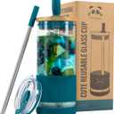 Pandaloo Glass Cups With Lids and Straws -20 Fl Oz- Perfect Size Iced Coffee Cup - Smoothie Cup With Bamboo Lid and On the go Lid - Glass Tumbler With Straw (1 Count (Pack of 1), Intense Teal)