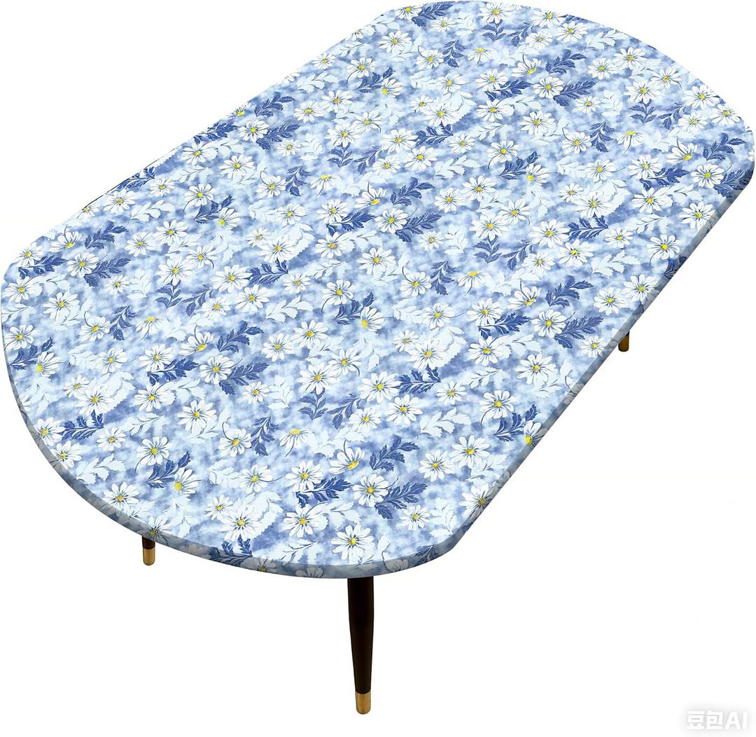 Pioggia Oval Vinyl Fitted Tablecloth with Flannel Backing Elastic Table Cloth Waterproof Oil-Proof Plastic Table Cover Best for 68" x 48" (Blue Flowers)