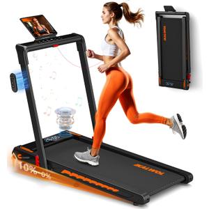 Treadmill with Speaker, 6-in-1 7.5MPH Foldable Treadmill for Home with App Compatible, Walking Pad with 10% Incline, LED Display, 3.0HP Brushless Drive, 350 LB Weight Capacity, 12 HIIT Programs (Black Orange)