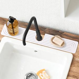 Stone Faucet Mat for Kitchen Sink, Quick Dry Diatomite Sink Splash Guard, Upgraded U-shaped Drying Sink Protectors, Non-Slip Stone Tray for Bathroom Counter (23.6"x4", White)