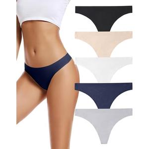 voenxe Seamless Women Underwear Thongs,No Show Ladies Thong,No Line Workout Breathable Comfortable Panties,Soft Undies,5-Pack, Size: L