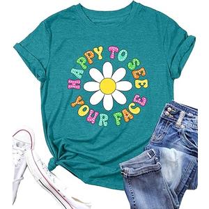Happy to See Your Face Shirt: Women Funny Teacher T-Shirt First Day of School Shirts Groovy Back to School Tee Top(Cyan, Small)