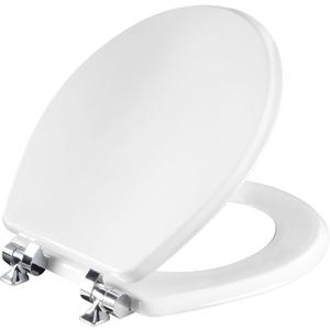 Mayfair Bennett Toilet Seat with Chrome Hinges, Slow Close Wood Seat, Secure Metal Hinges, Easy Install, Made in USA, Round, White