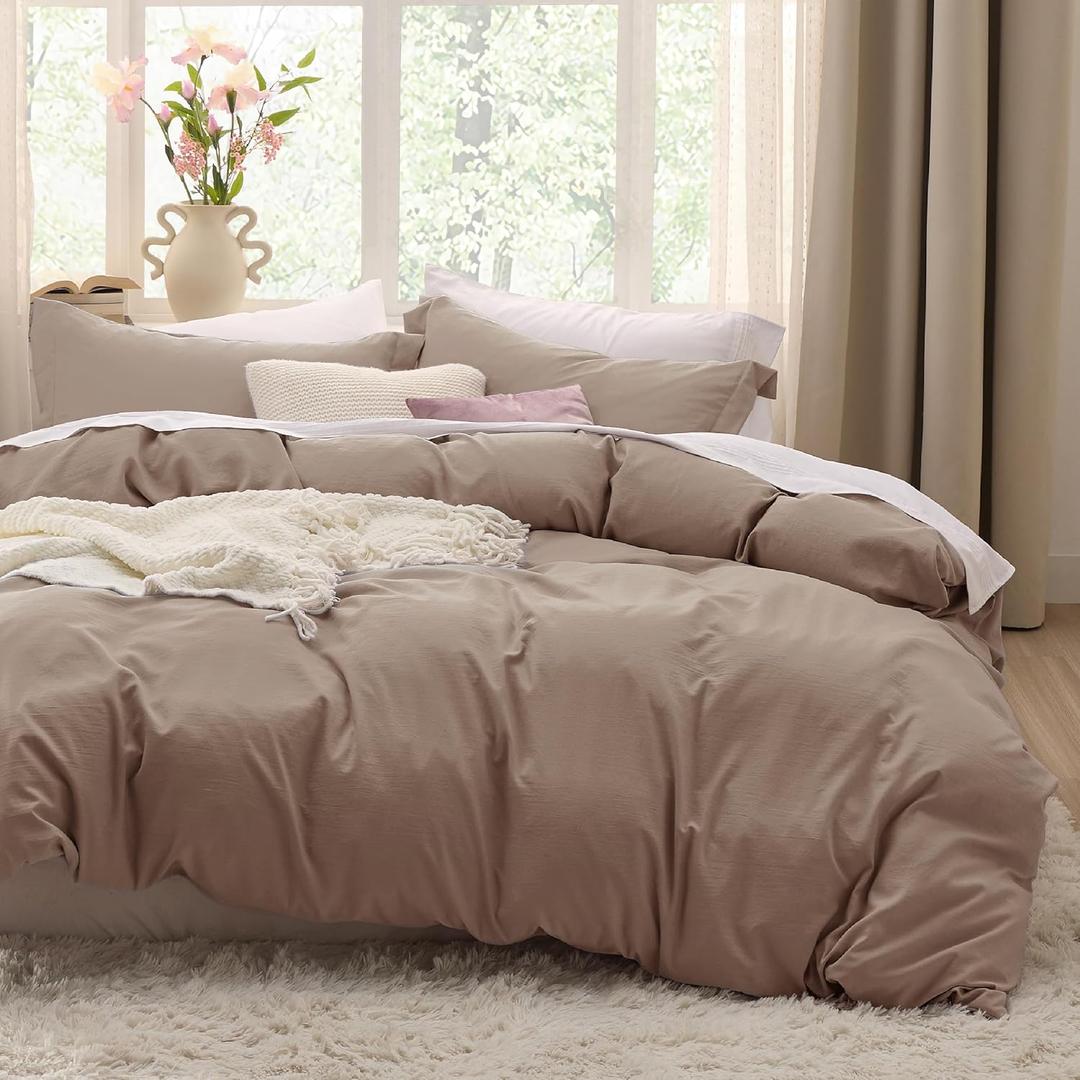 Bedsure Khaki Duvet Cover Queen Size - 3 Pieces Prewashed Cotton-Like Polyester Extra Soft Bedding Set, Includes 1 Duvet Cover 90x90 Inches with Zipper Closure & 2 Pillow Shams, Comforter Not Included