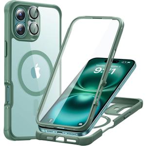 ESR for iPhone 16 Case, Compatible with MagSafe, Full-Body Military-Grade Drop Proof Case with Built-in 9H+ Tempered Glass Screen Protector, Armor Series, Clear Green