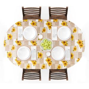 UMINEUX Oval Fitted Vinyl Tablecloth with Elastic Edged & Flannel Backing, Waterproof Wipeable Oval Table Cover - Fits Tables up to 42"X68" (Sunflower)