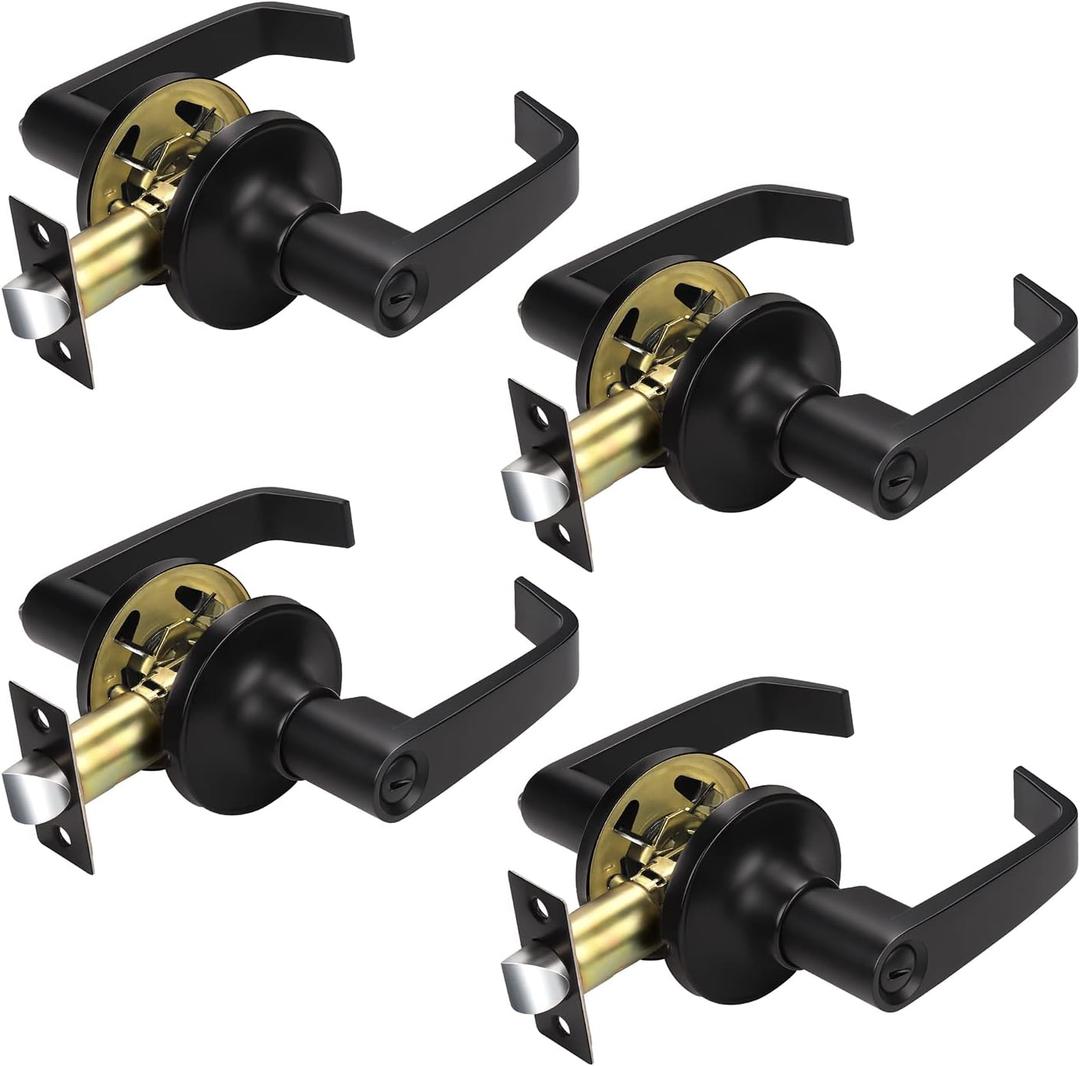 KNOBWELL 4 Pack Commercial Door Handles Black,Bedroom Door Handle Set, Lever Door Handle with Lock,Reversible for Left and Right