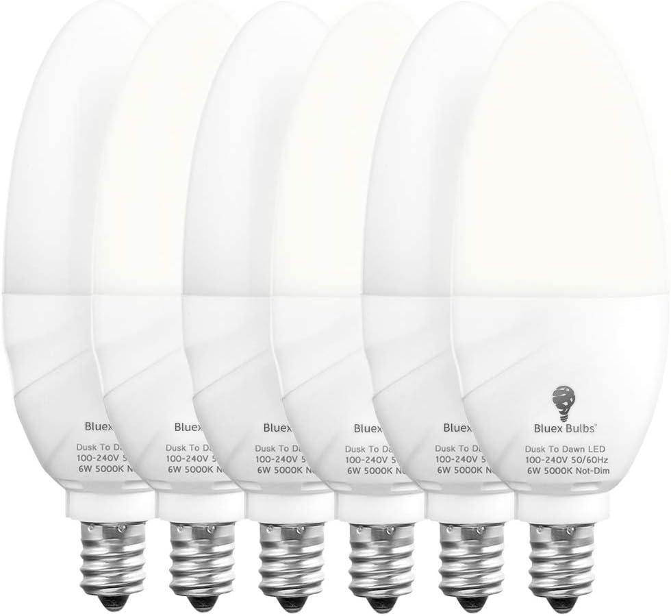 6 Pack BlueX Dusk to Dawn LED Bulbs, 6W E12 Base Light Bulb - 65W Equivalent 5000K Daylight White - Smart Light Sensor Candelabra Bulb, Home Security Driveway, Yard, Porch Lighting