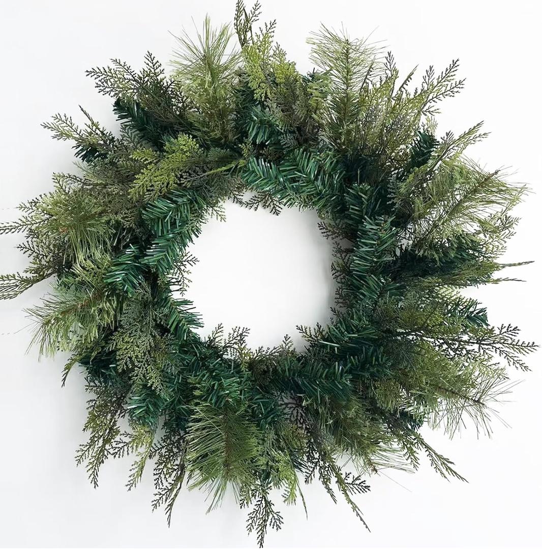 24 Inch Artificial Christmas Wreaths for Front Door Real Touch PE Pine Wreath for Winter Fireplace Holiday Party Farmhouse Decorations Green